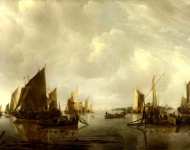 Jan van de Cappelle - A River Scene with Dutch Vessels Becalmed